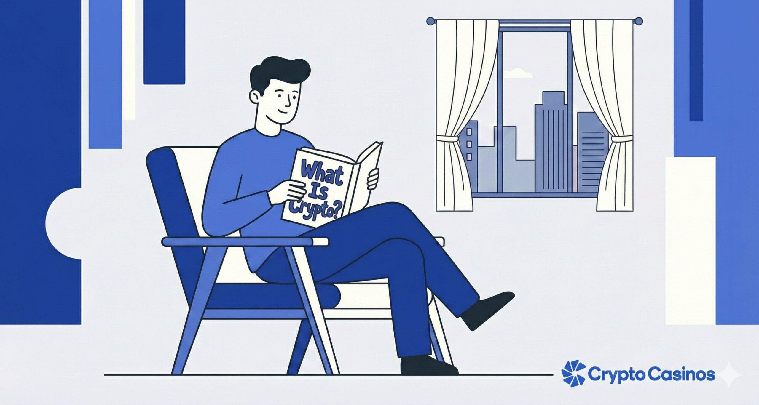 Cryptocurrency Explained for Casino Players Guide Image Man sitting on a chair and reading about cryptocurrency