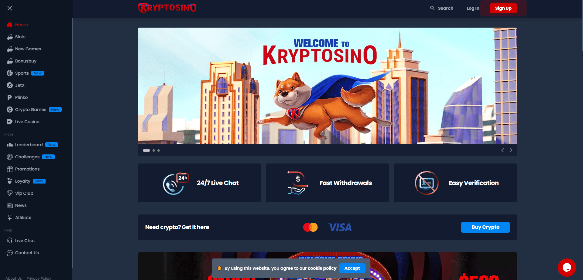 Screenshot of Kryptosino's landing page