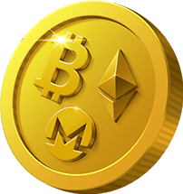 Gold coin with bitcoin, ethereum and monero logo