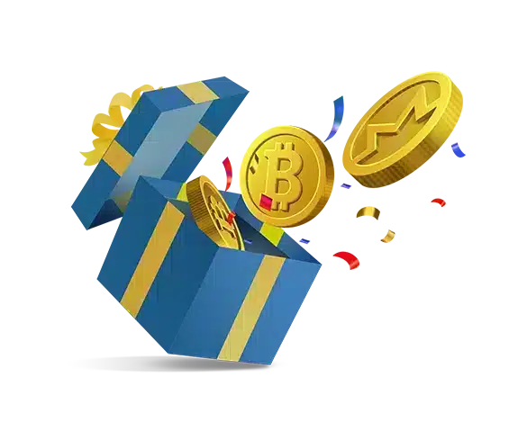 Gift box with crypto coins and confetti flying out