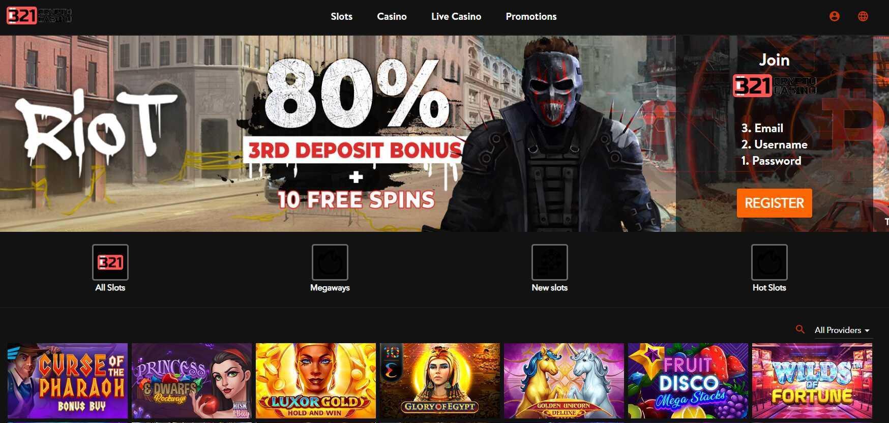 Screenshot of 321 Casino landing page
