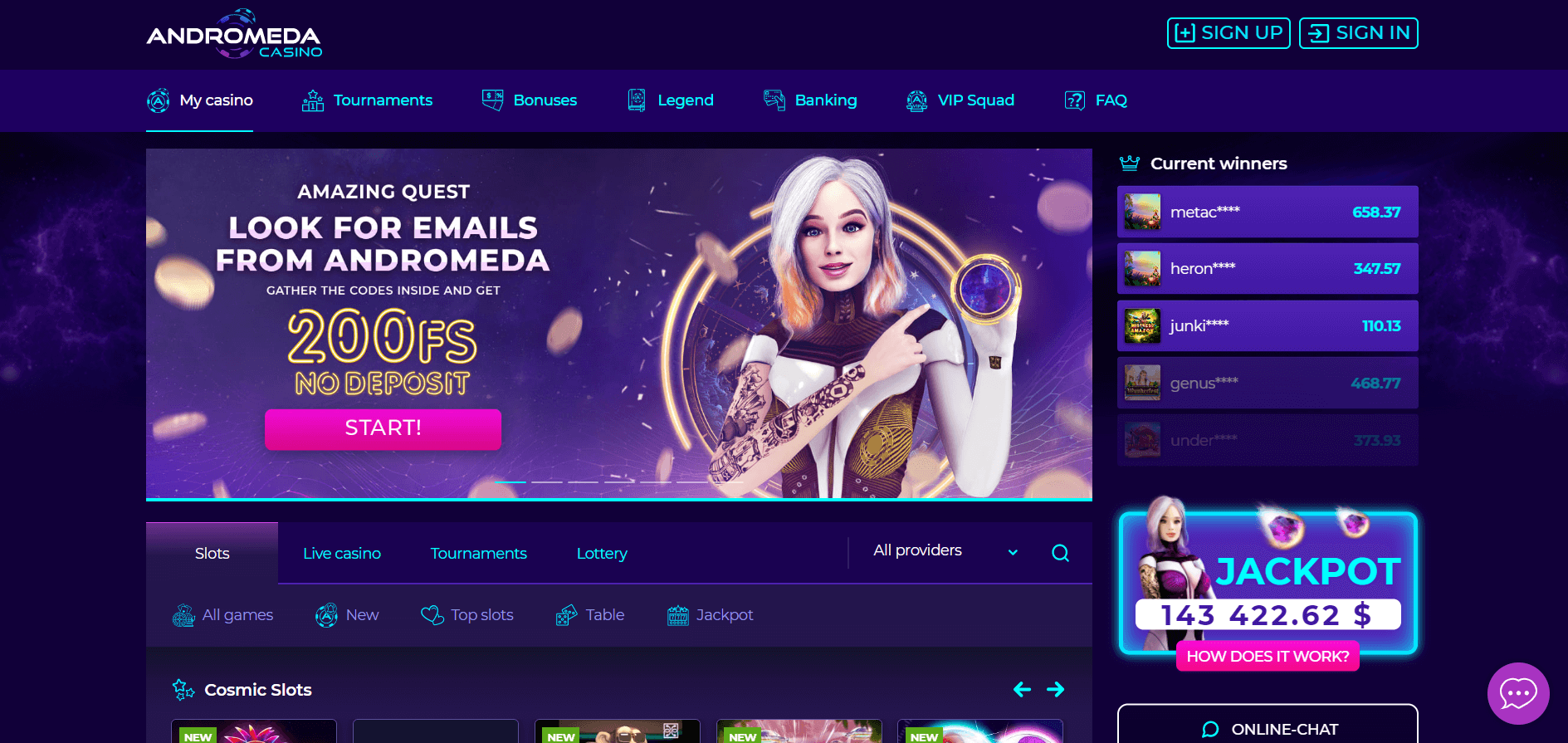 Screenshot of Andremeda casino landing page