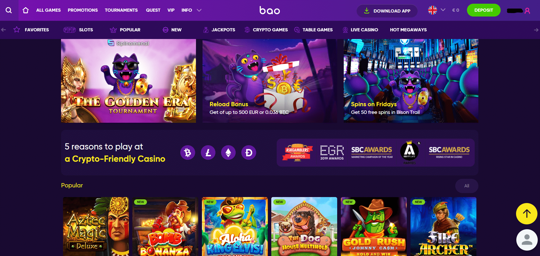 Screenshot of Bao casino landing page