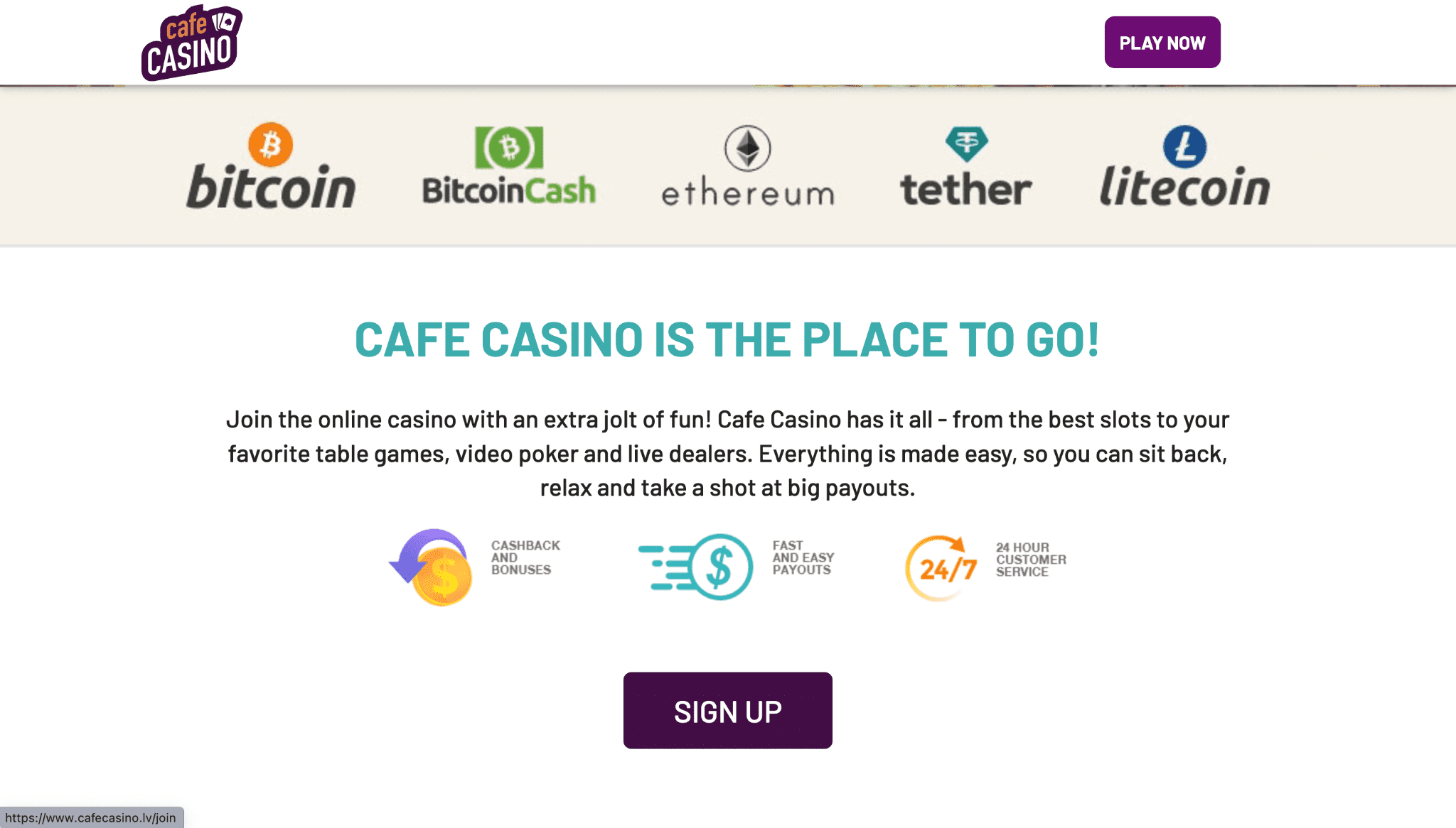 Screenshot of Cafe casino landing page
