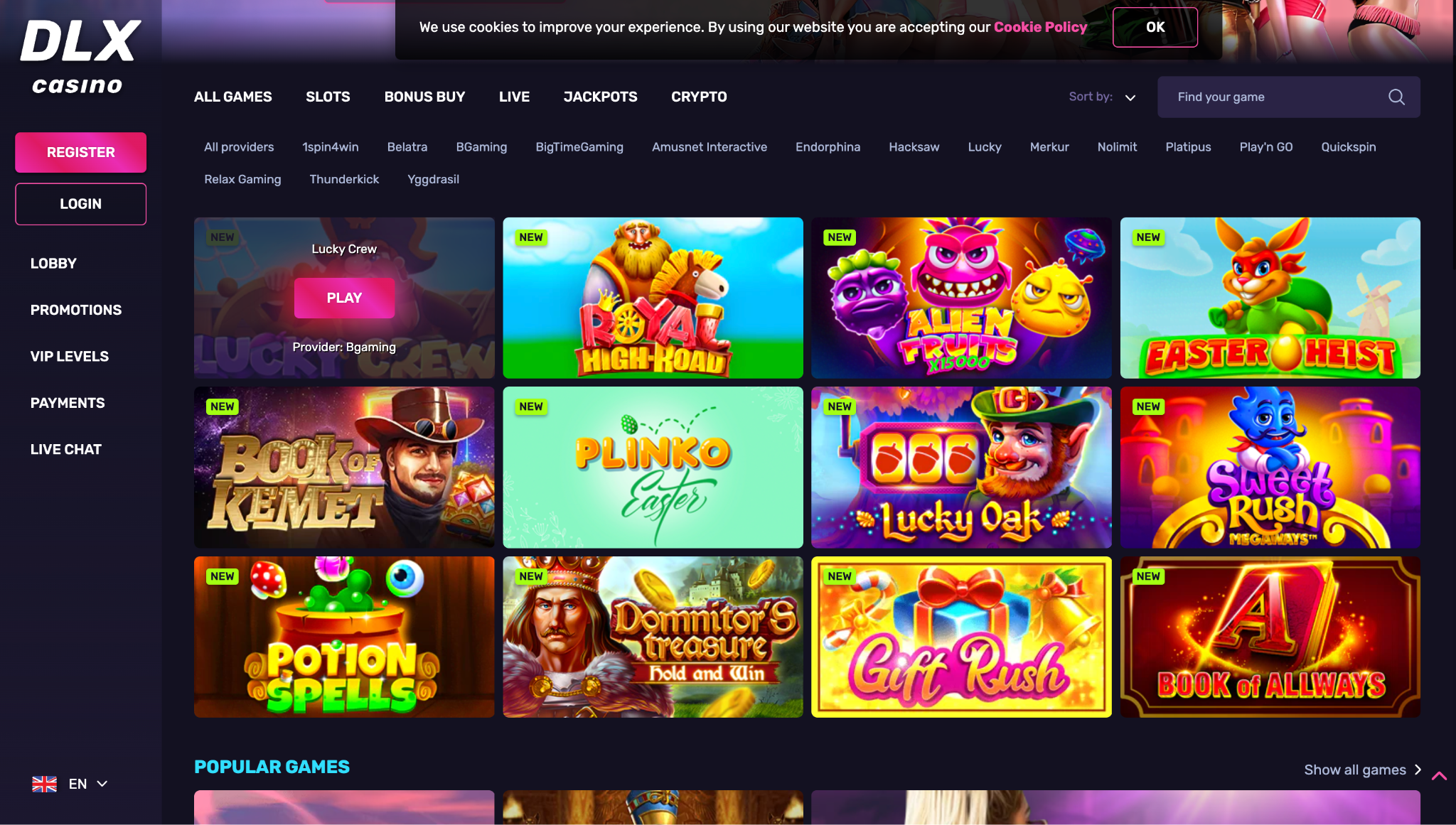 Screenshot of DLX casino landing page
