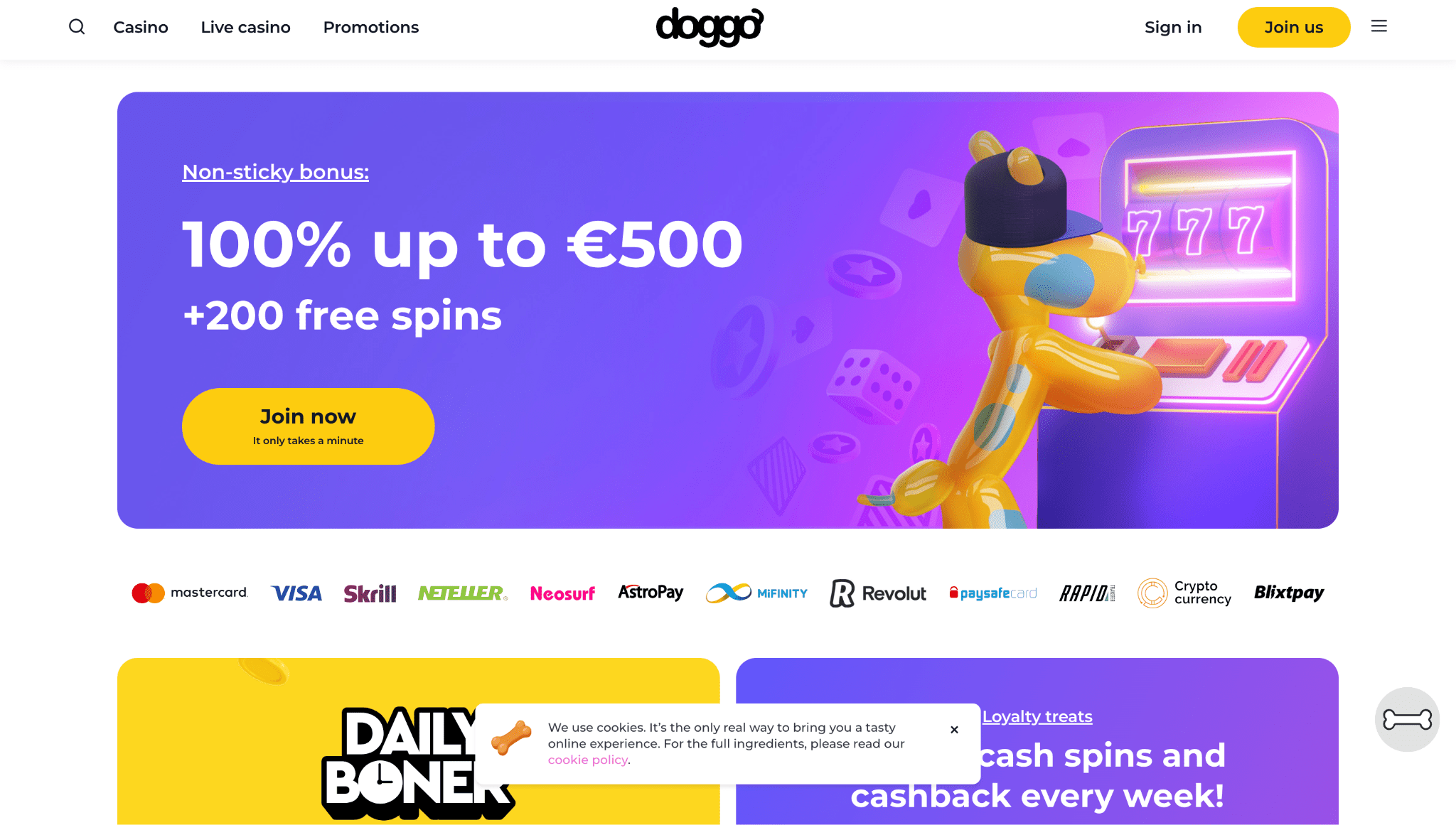Screenshot of Doggo casino landing page