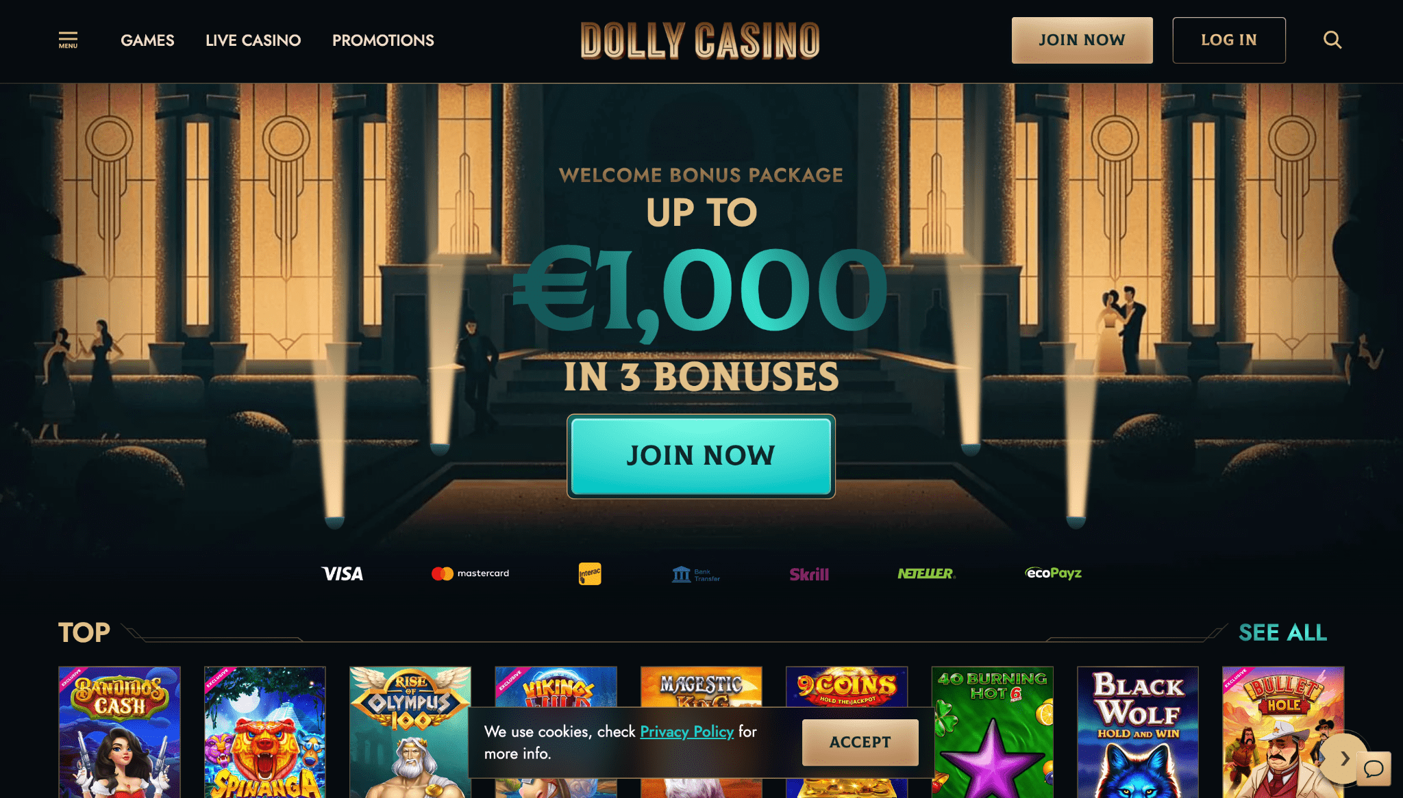 Screenshot of Dolly casino landing page
