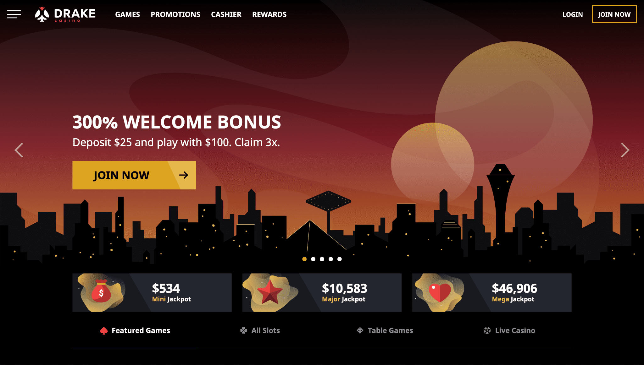 Screenshot of Drake casino landing page