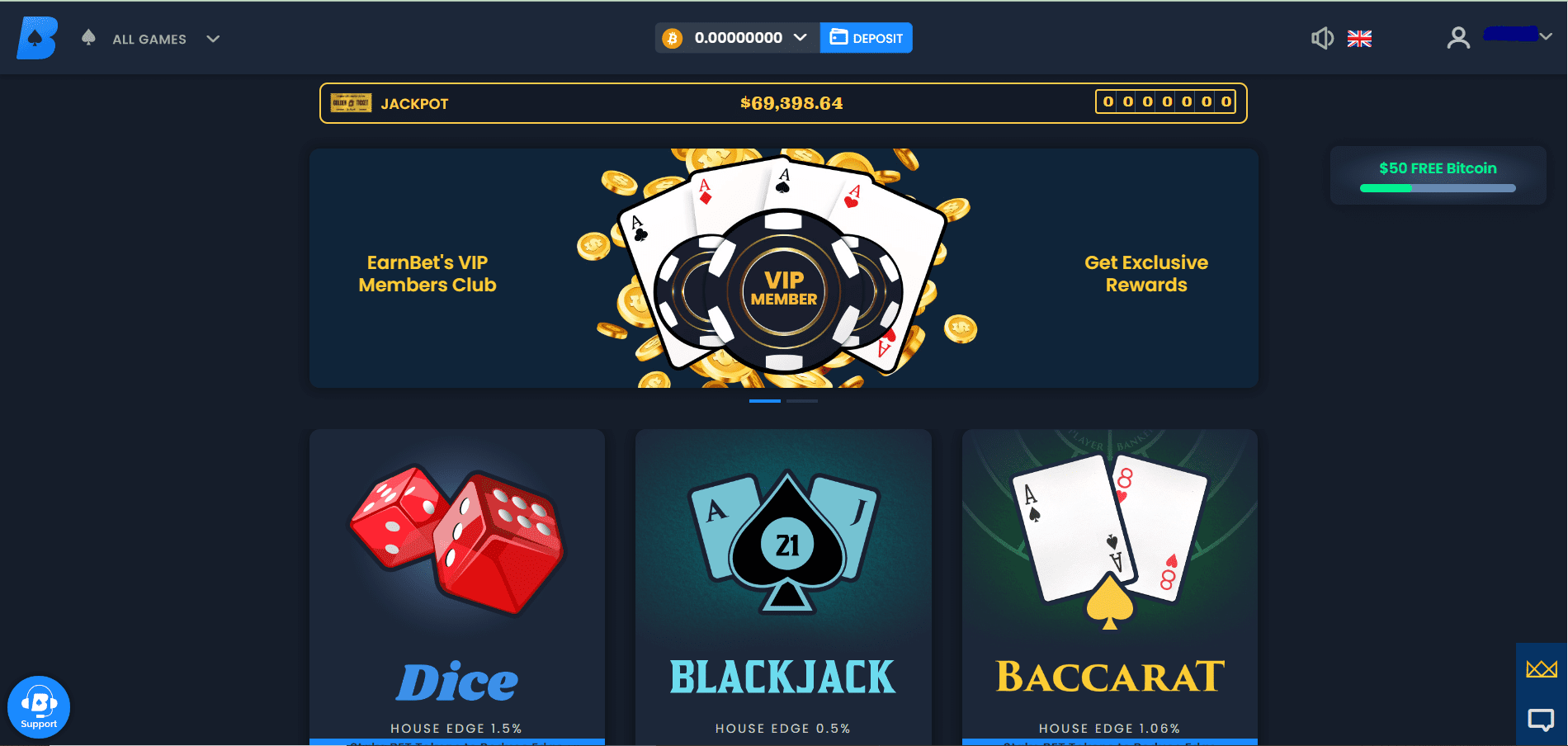Screenshot of Earnbet casino's landing page