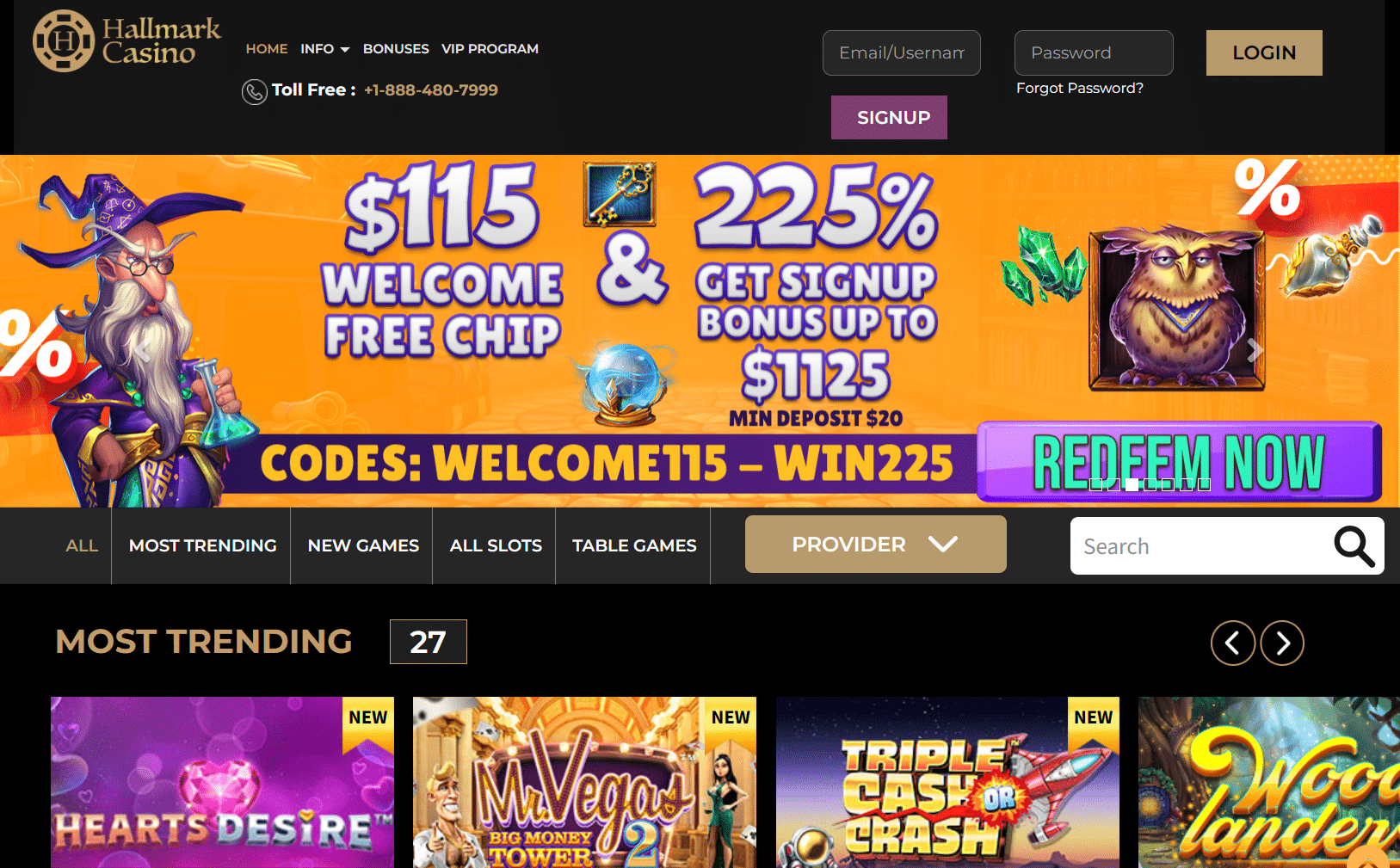 Screenshot of Hallmark casino's landing page