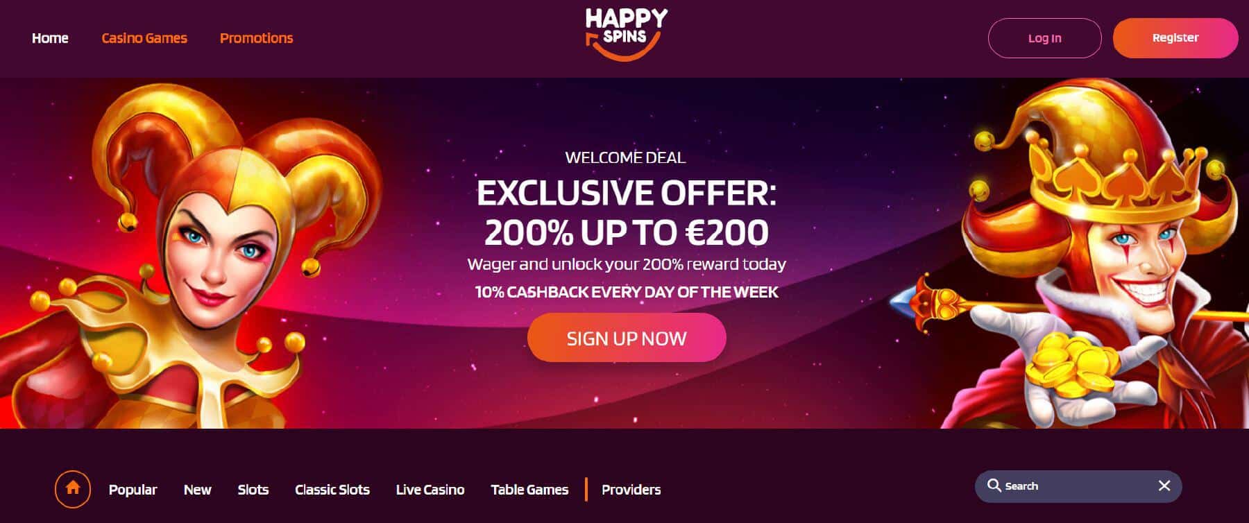Screenshot of HappySpins landing page