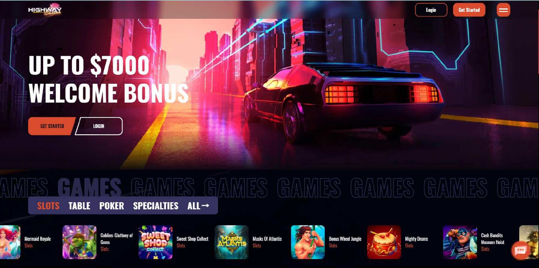 Screenshot of Highway casino's landing page
