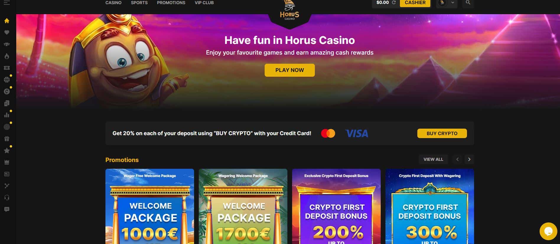 Screenshot of Horus Casino's landing page