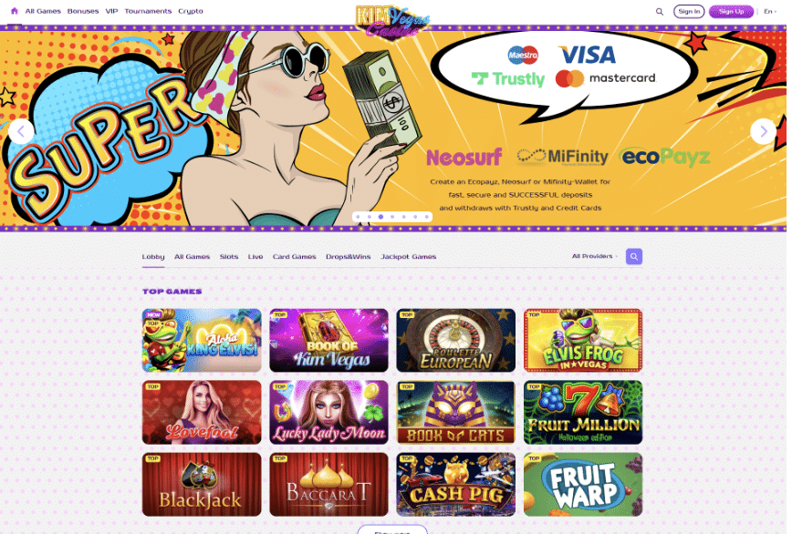 Screenshot of Kim Vegas casino's landing page
