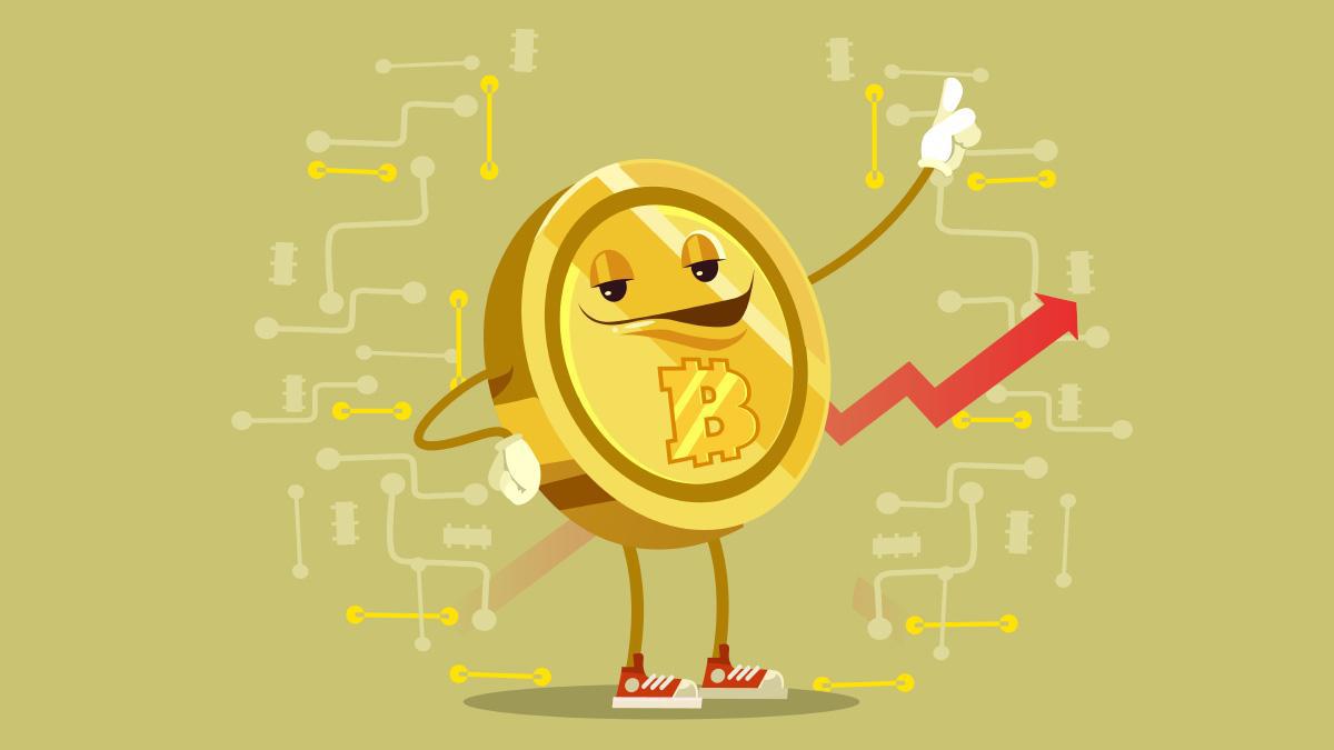 Bitcoin token with legs animated character with upward graph in background