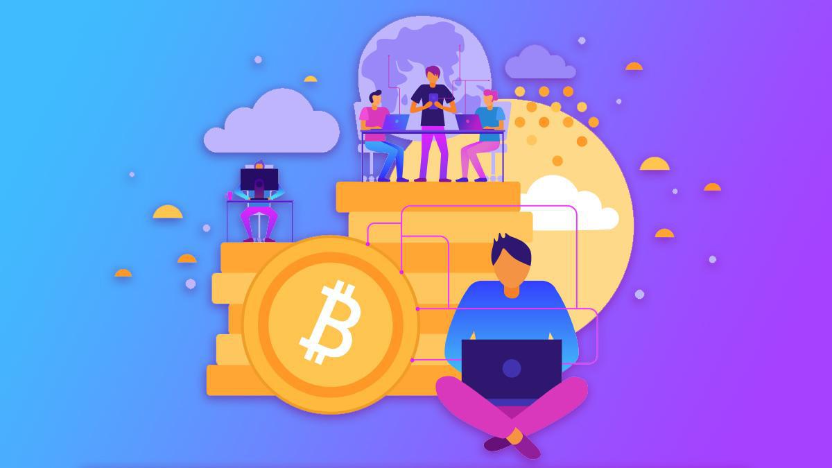 Blue and purple background with animated people on laptops and a bitcoin