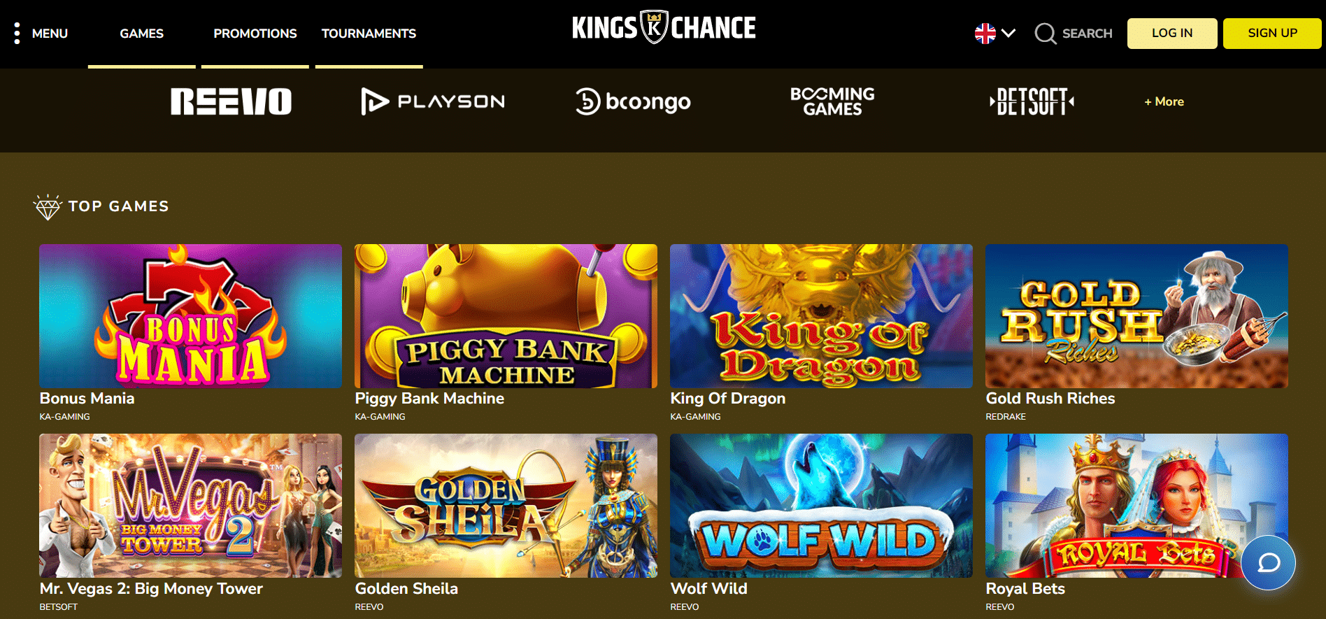 Screenshot of Kings Chance casino's landing page