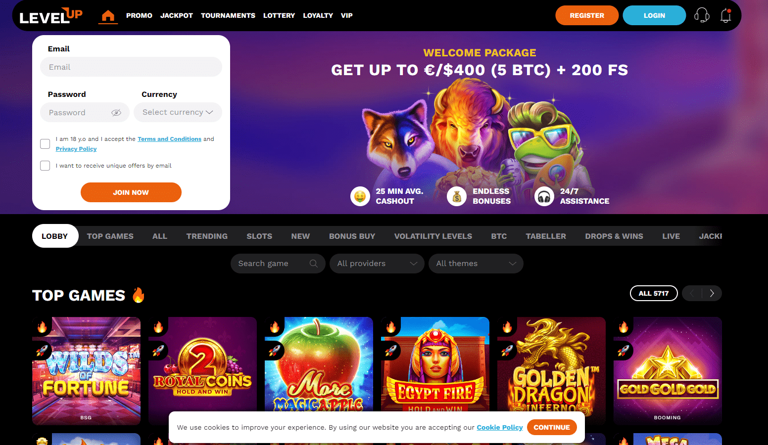 Screenshot of LevelUp casino's landing page
