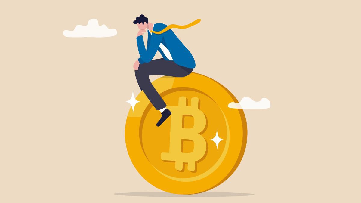 Man flying on a bitcoin token with clouds around