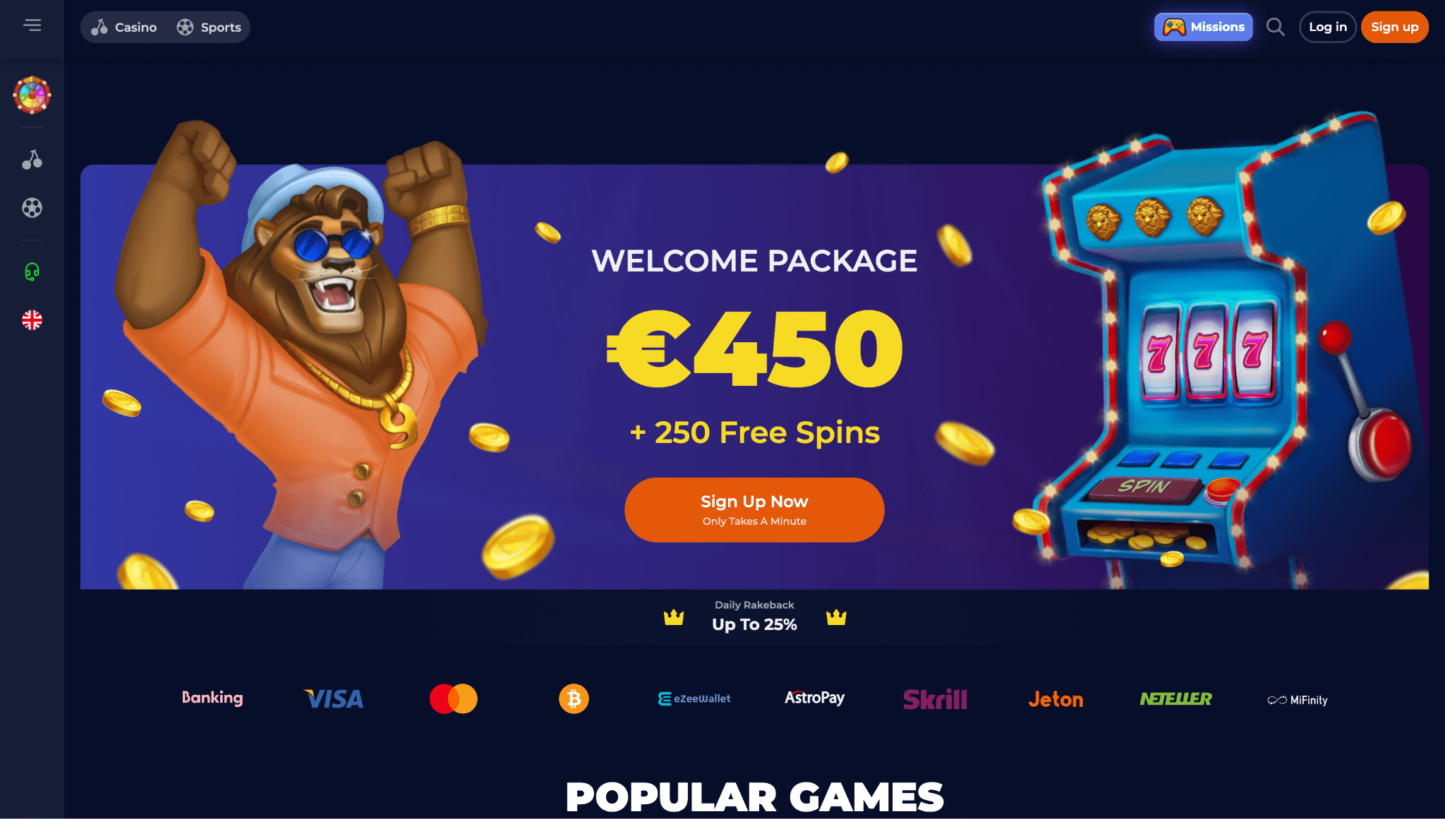 Screenshot of Nine casino's landing page