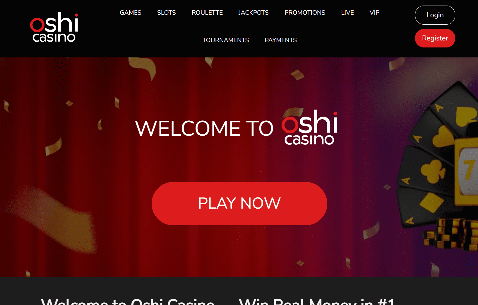 Screenshot of Oshi casino's landing page