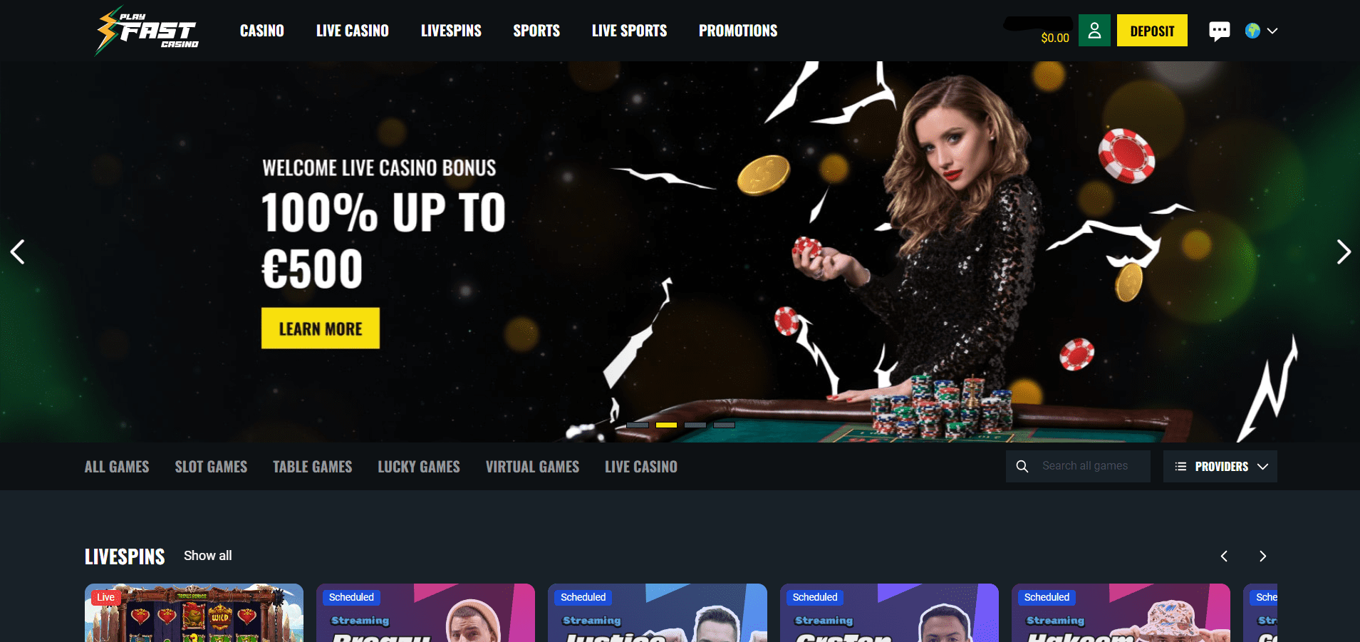 Screenshot of Play Fast casinos landing page