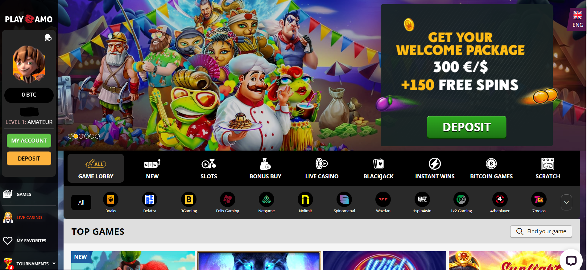 Screenshot of PlayAmo Casino's landing page