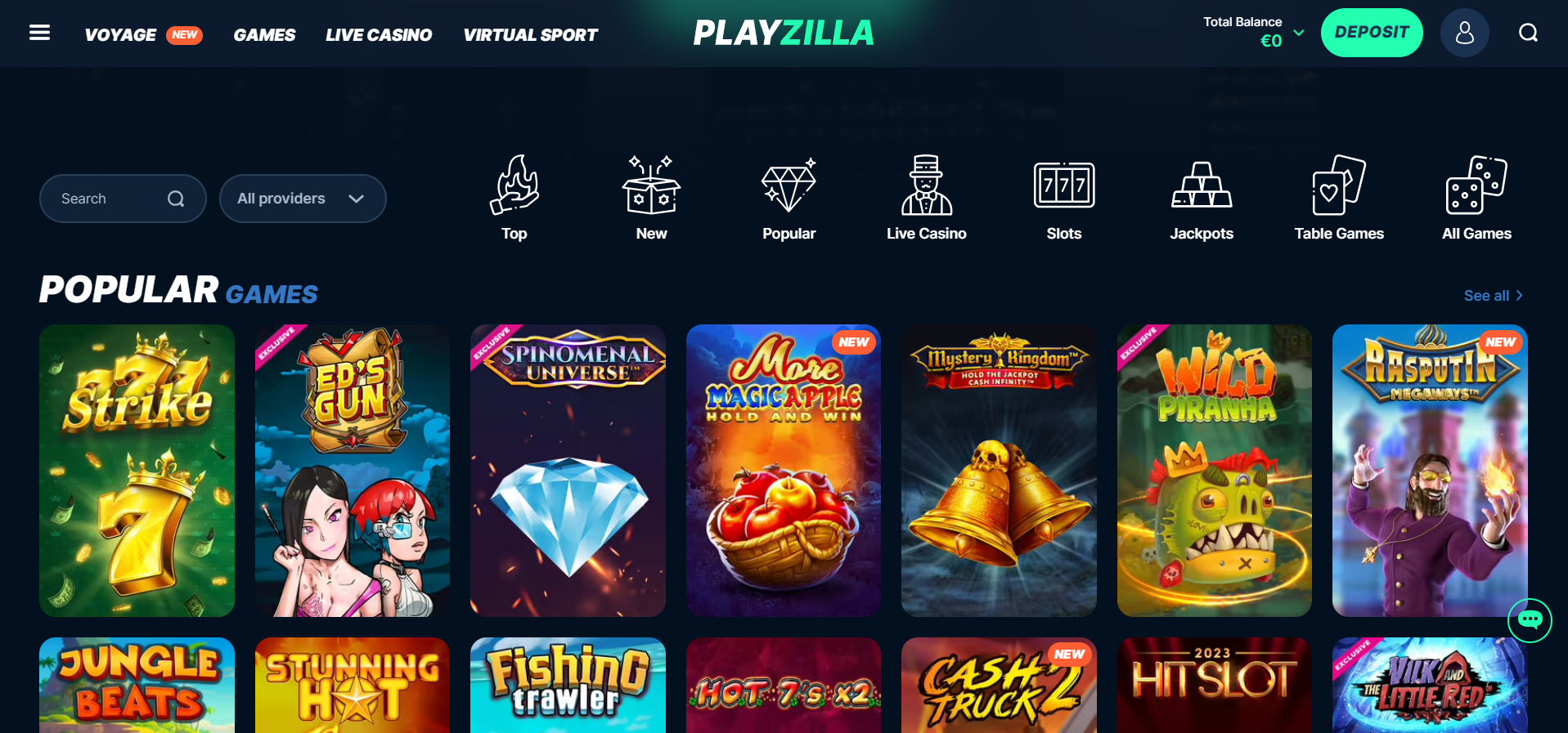 Screenshot of PlayZilla casino's landing page