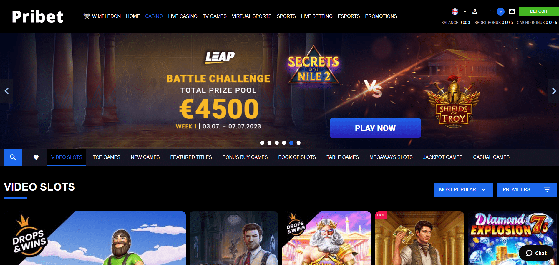 Screenshot of Pribet casino's landing page