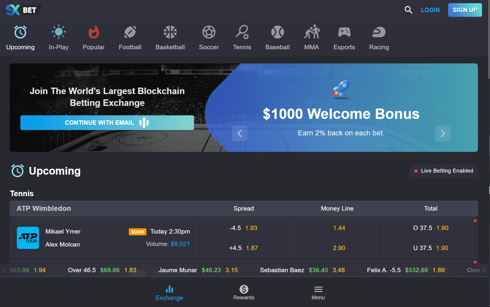 Screenshot of SX Bet's landing page