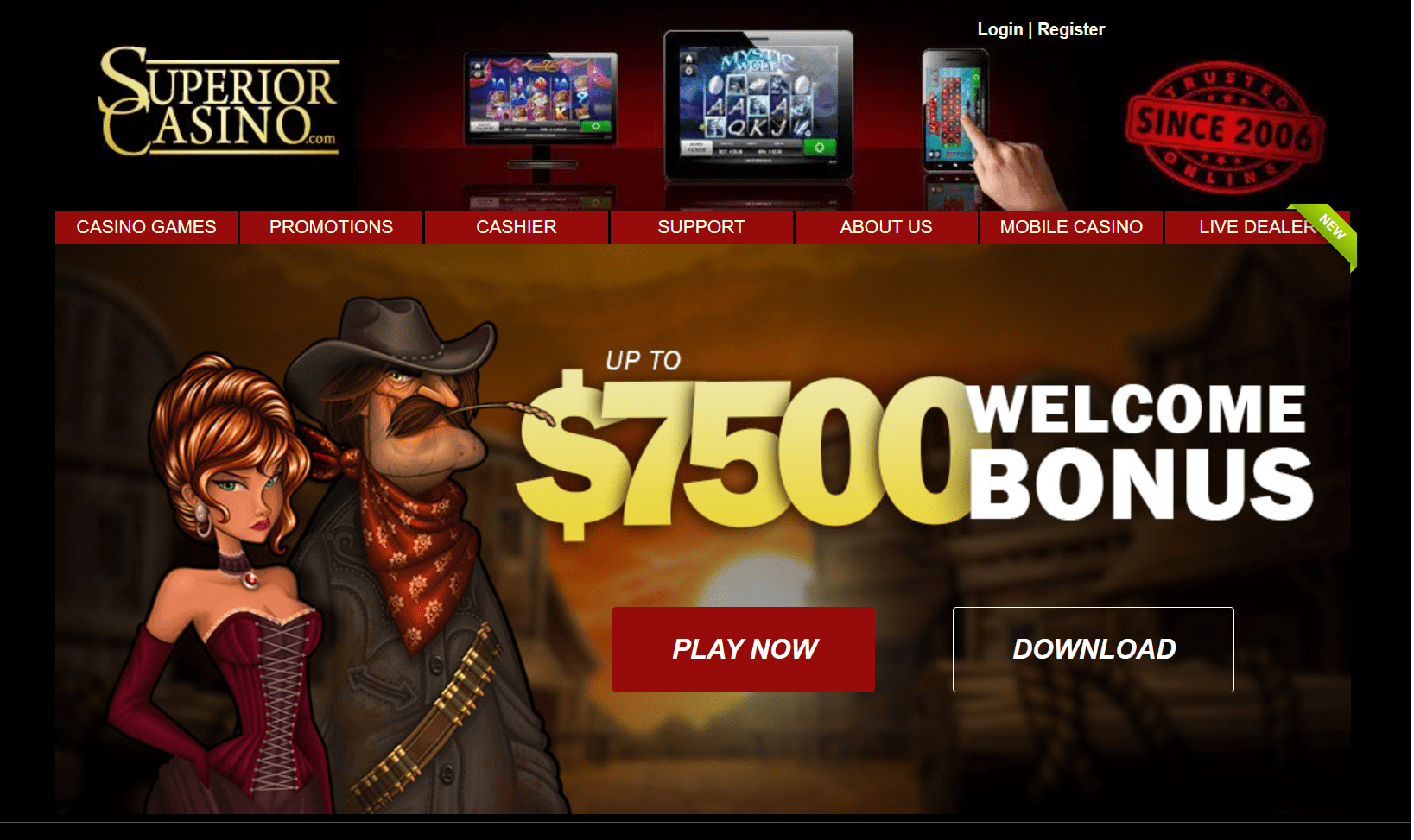 Screenshot of Superior Casino's landing page