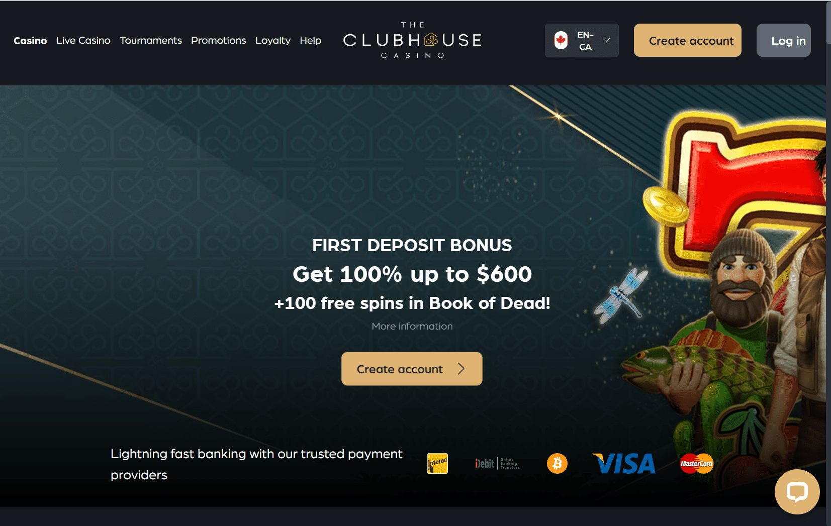 Screenshot of The ClubHouse Casino's landing page