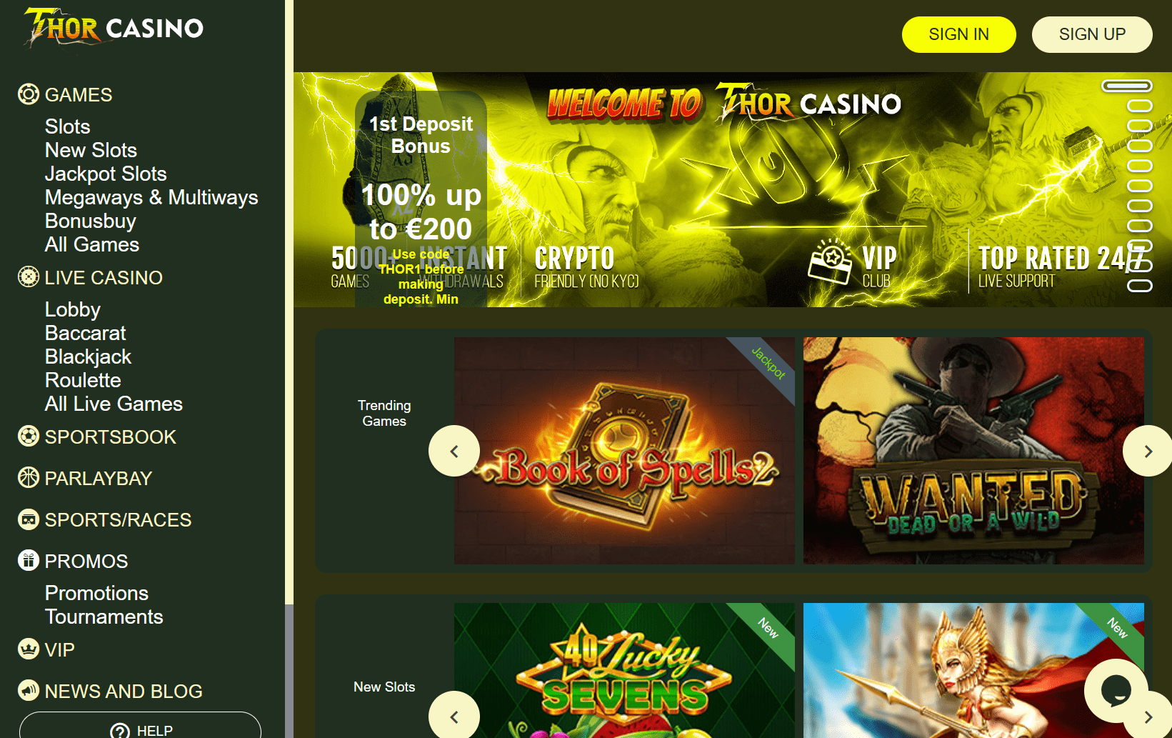 Screenshot of Thor casino's landing page