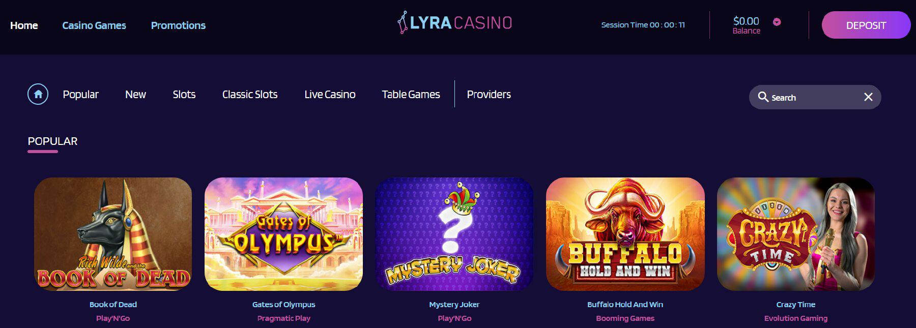 Screenshot of Lyra casino's landing page