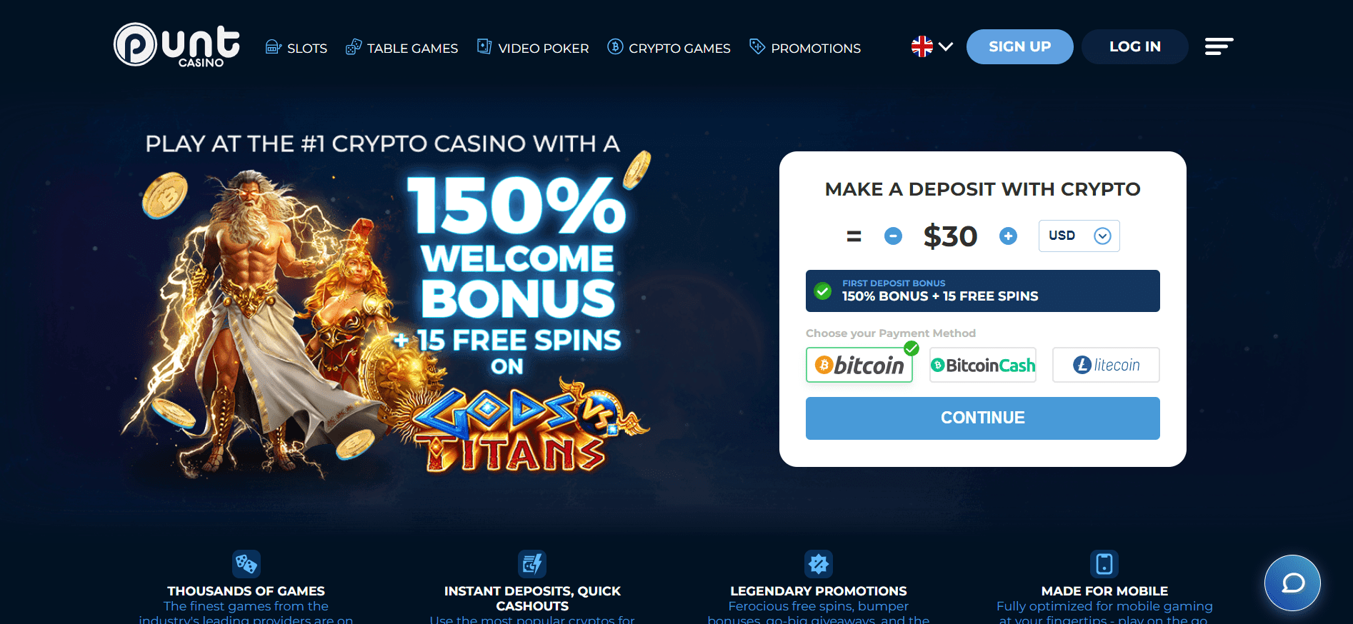 Screenshot of Punt casino's landing page