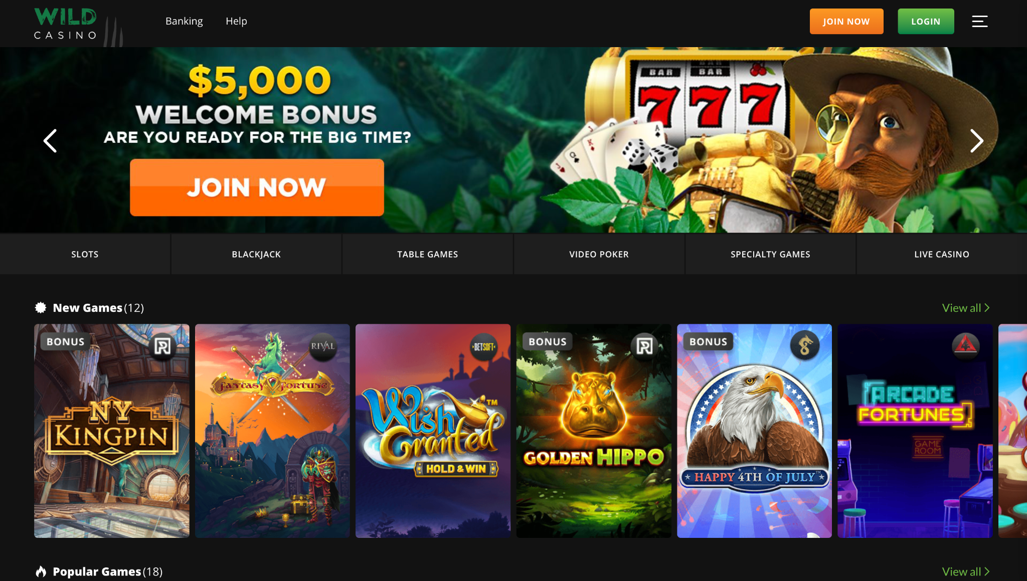 Screenshot of Wild casino's landing page