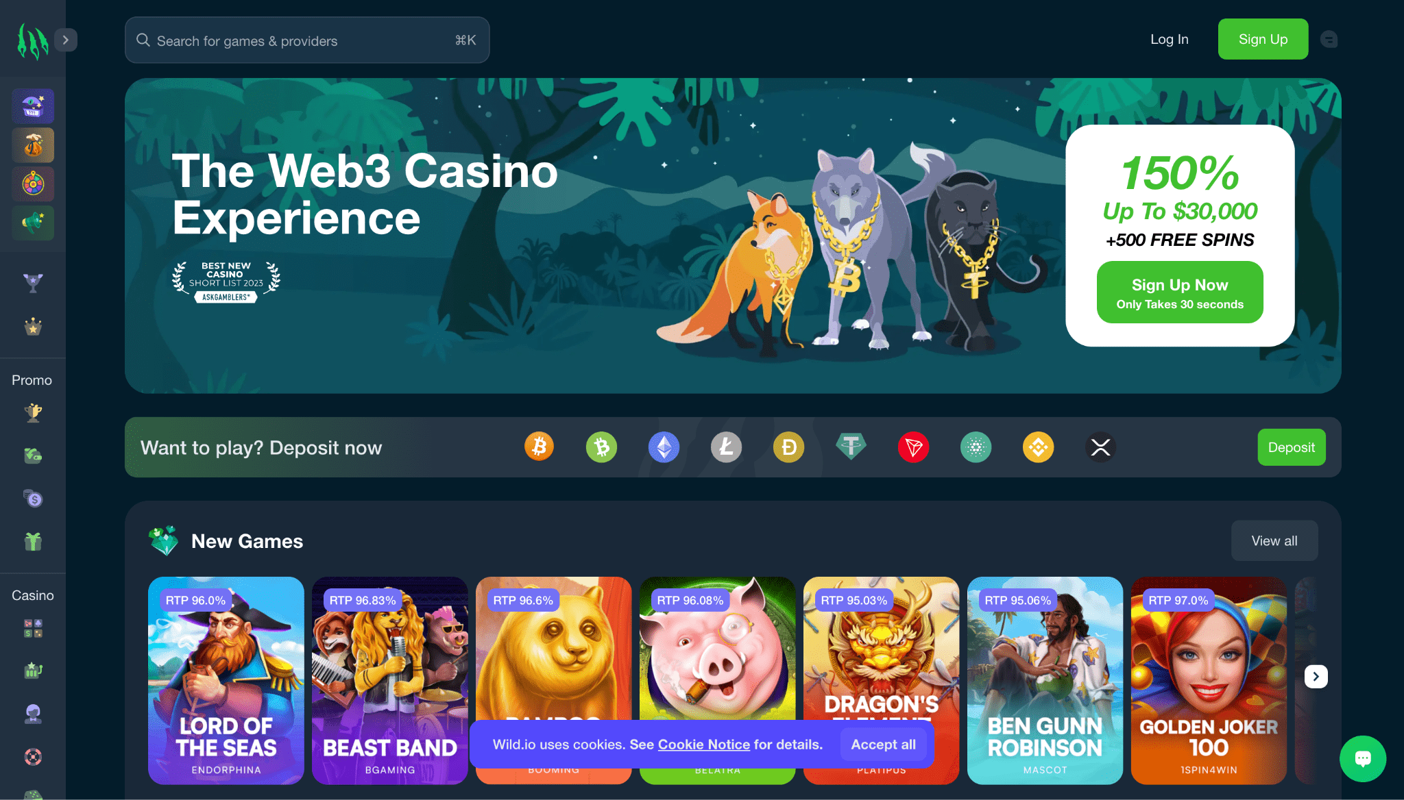 Screenshot of Wild.io casino's landing page