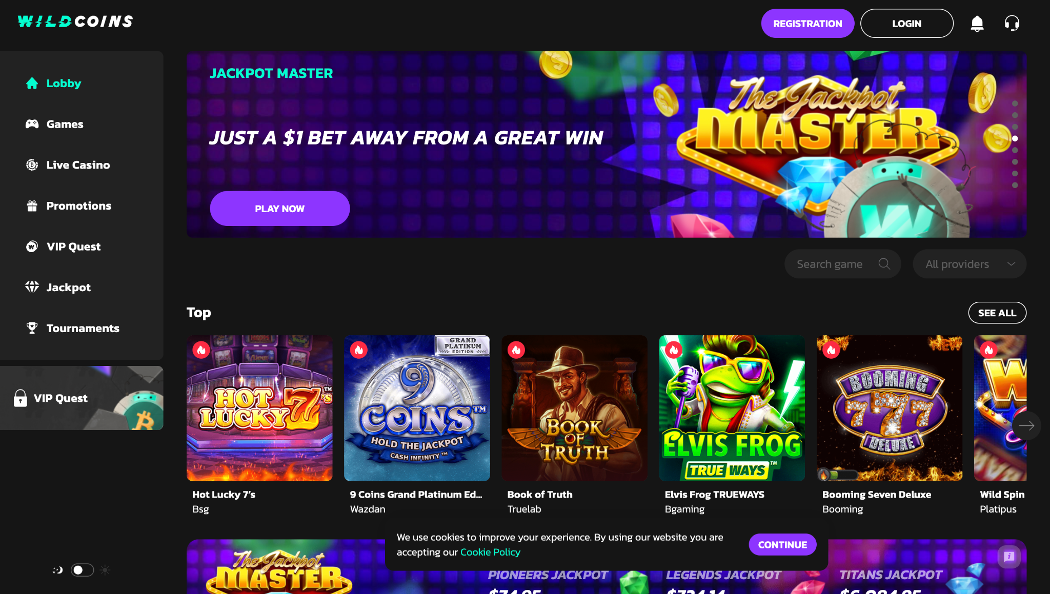 Screenshot of Wildcoin casino's landing page