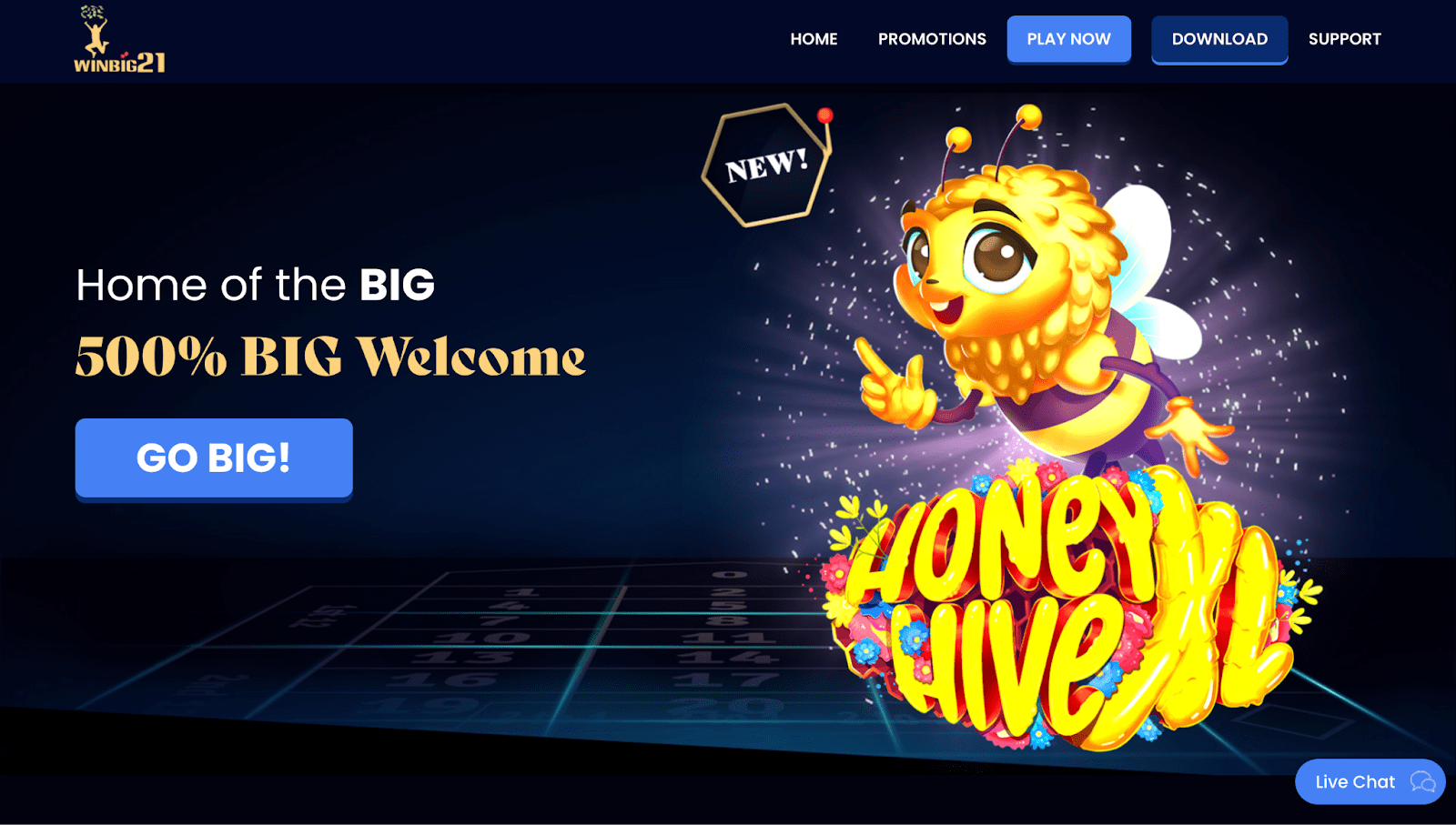 Screenshot of WinBig21 casino's landing page