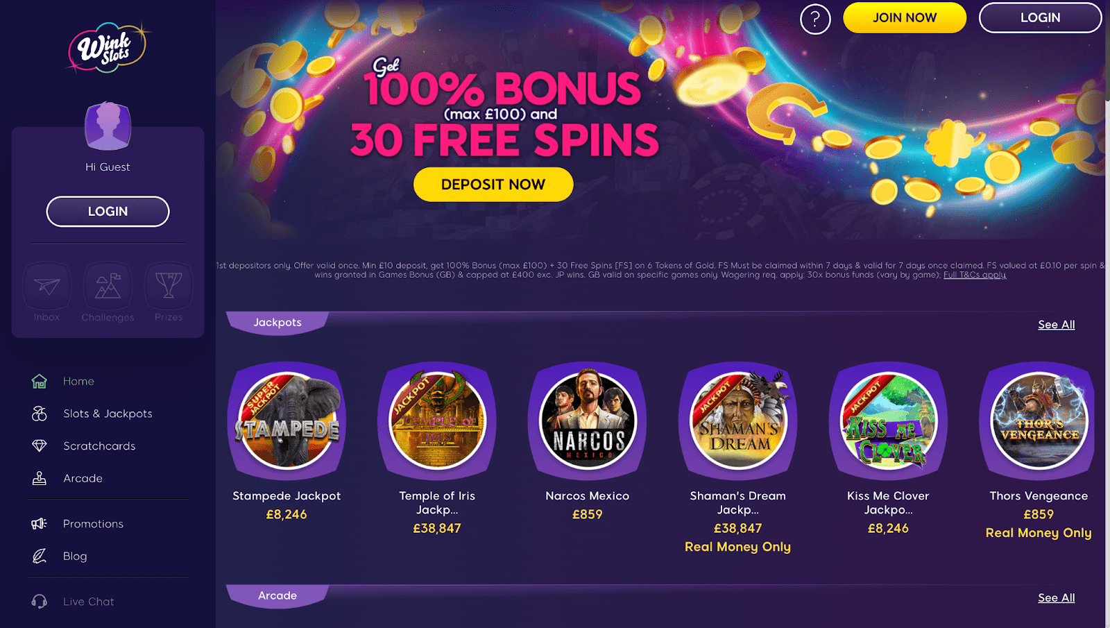 Screenshot of Wink casino's landing pag