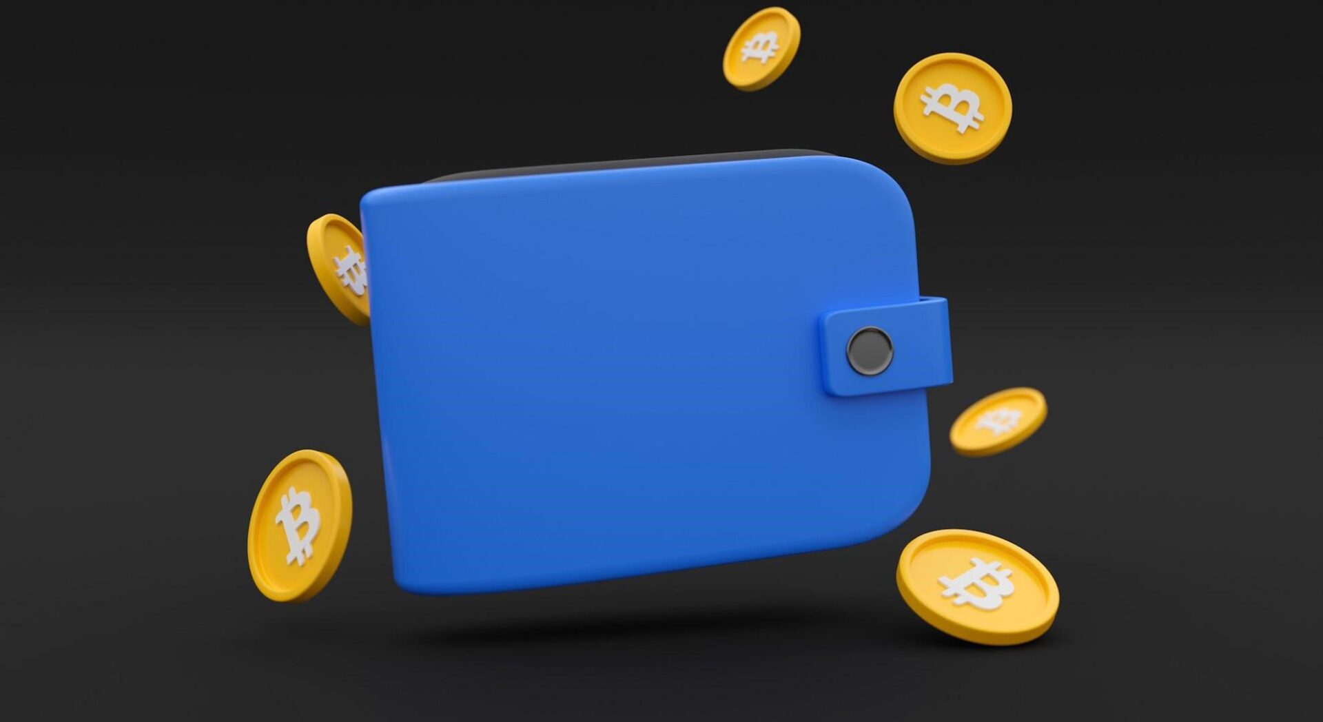 six coins with the bitcoin logo and a blue wallet