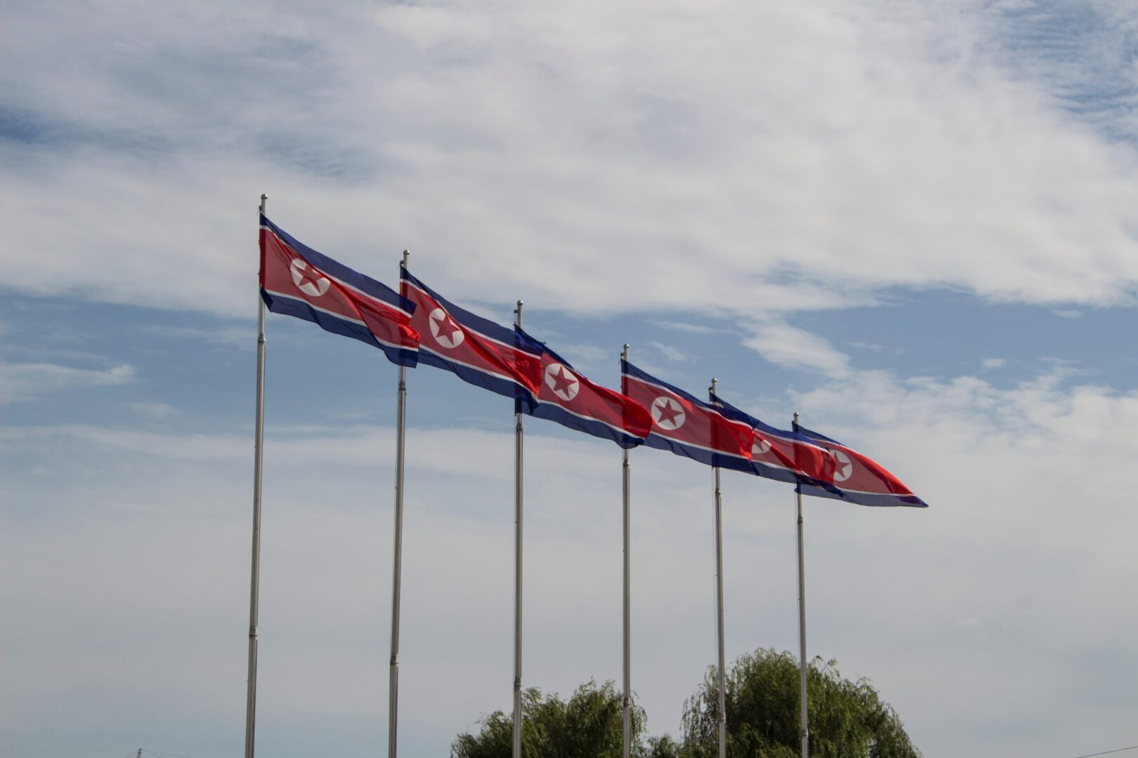 An image of six North Korean flags