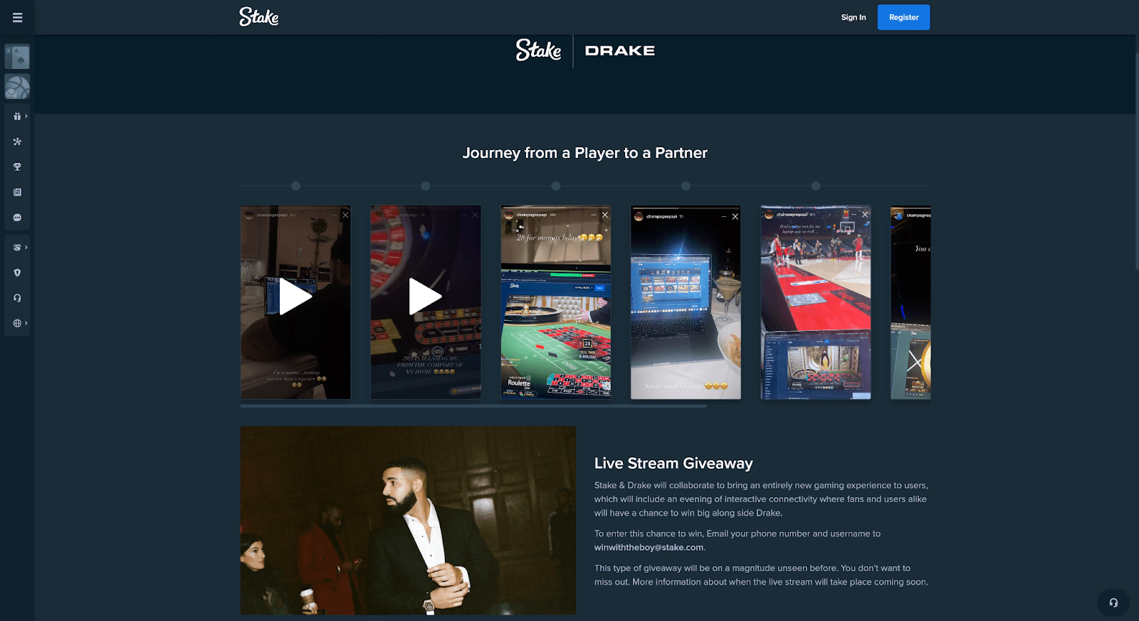 A screen shot of Stake.com's subpage Drake