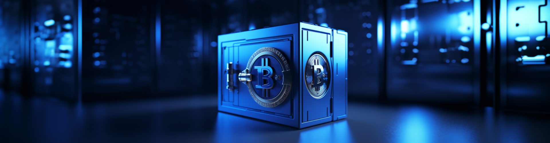 Blue safe in high tech environment with a bitcoin logo
