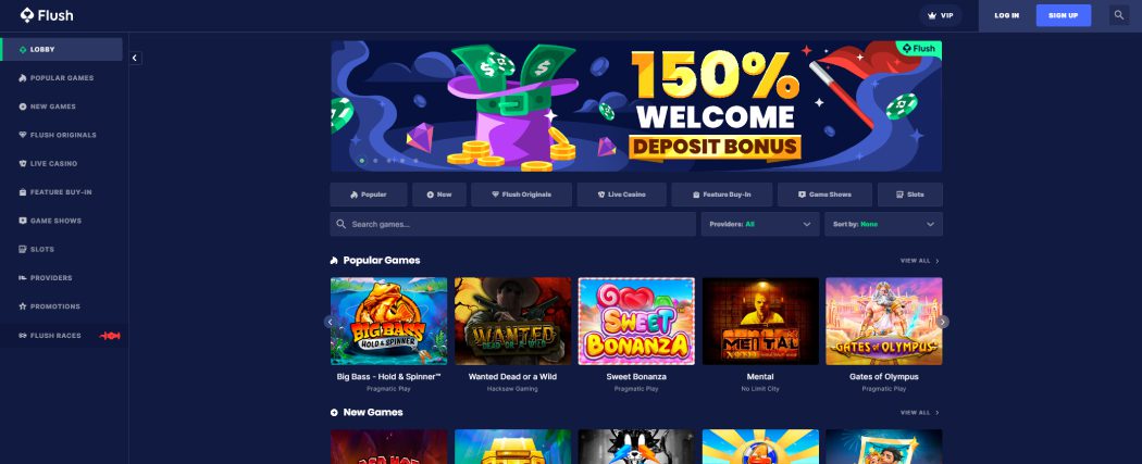Screenshot of the Flush.com casino homepage